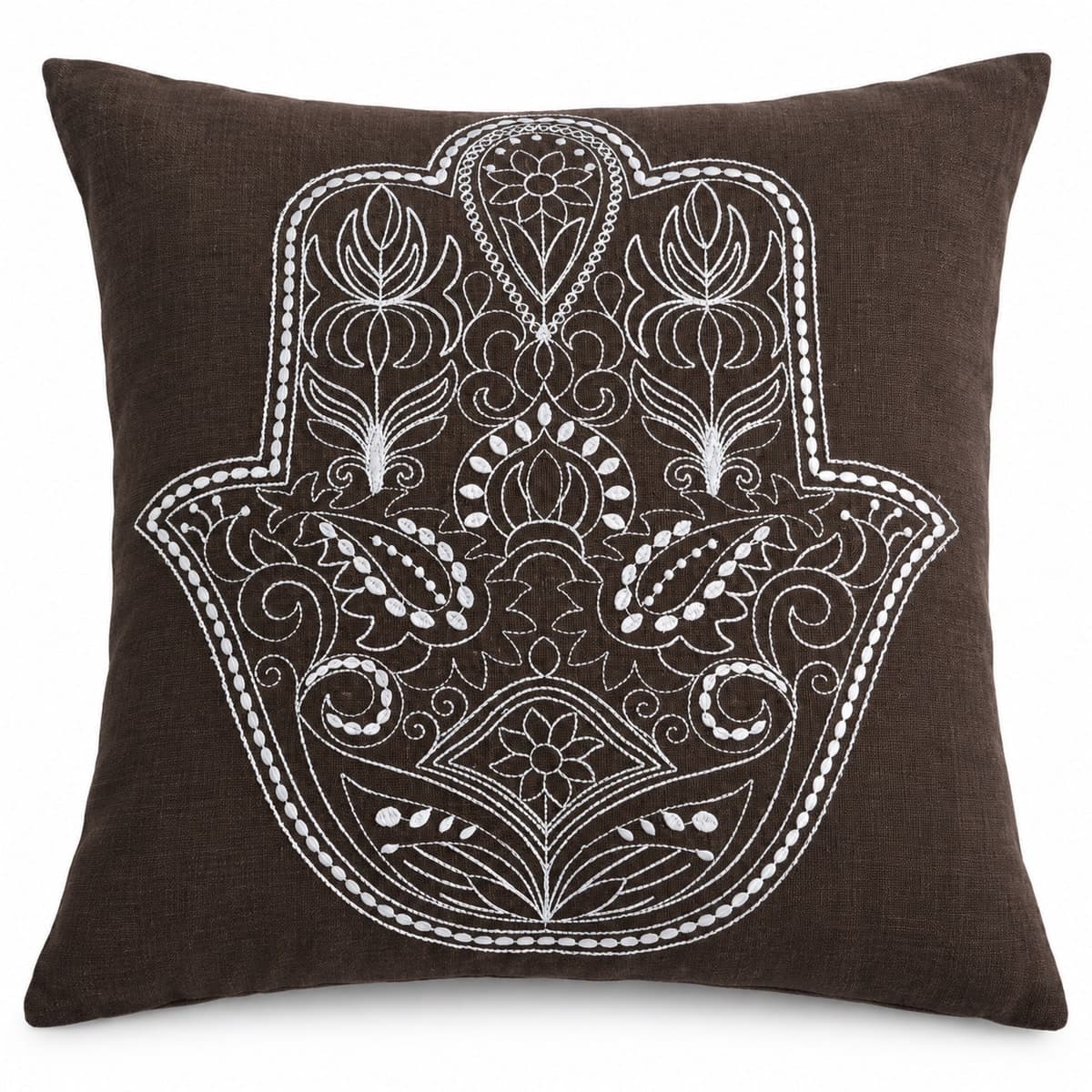 Espresso Hamsa Linen Embroidered Cushion Cover