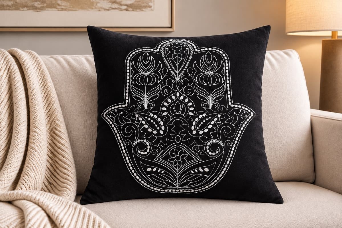 Noir Hamsa Linen Embroidered Cushion Cover