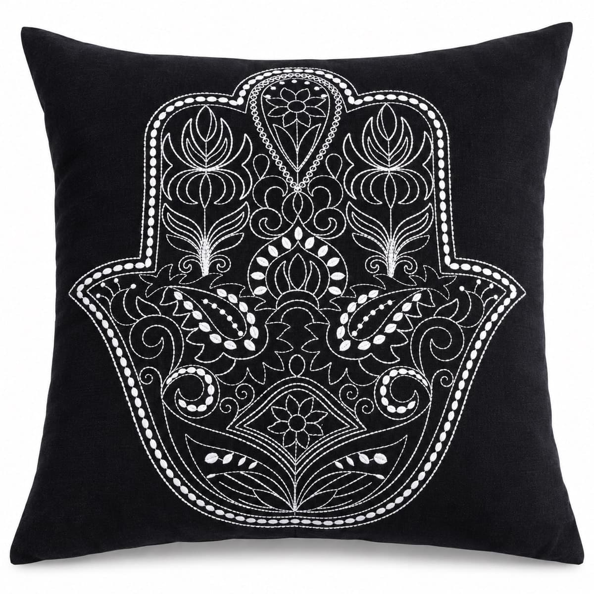 Noir Hamsa Linen Embroidered Cushion Cover