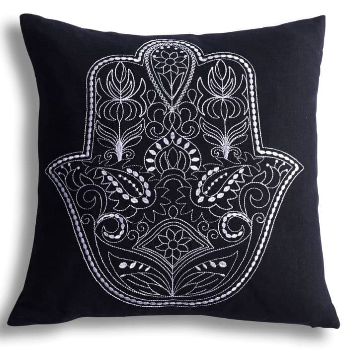 Noir Hamsa Linen Embroidered Cushion Cover