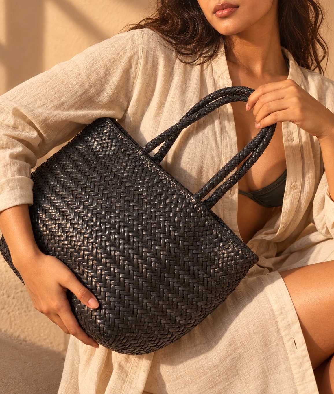 GJUNO Handwoven Genuine Leather Tote