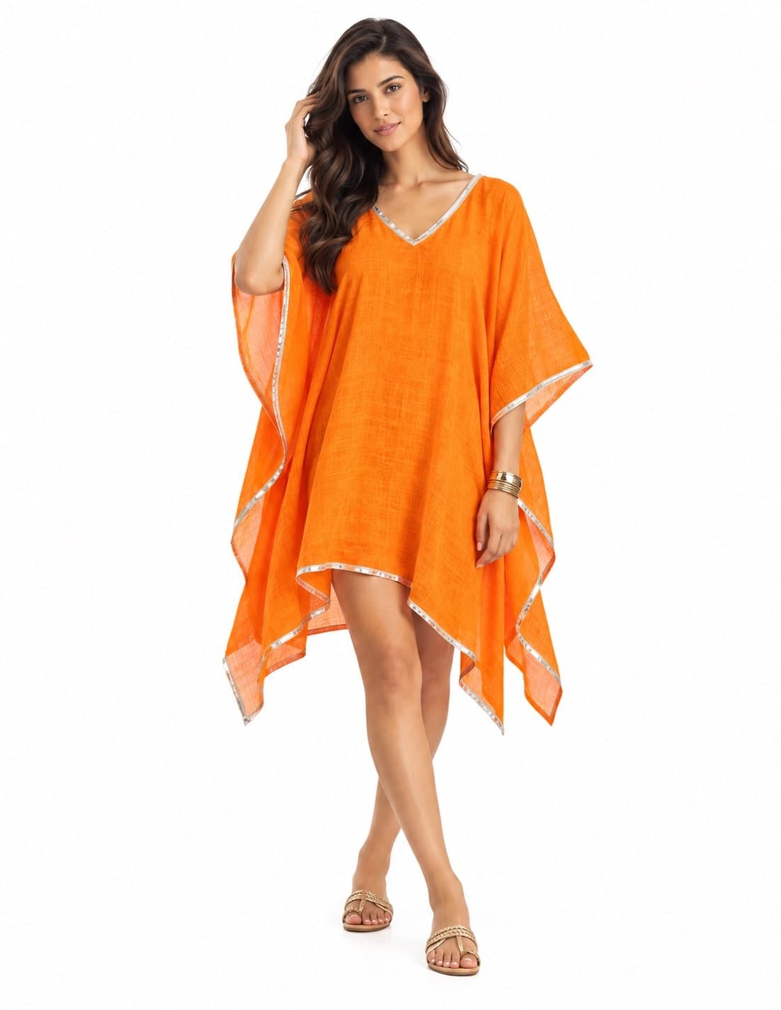 Cotton Washed Kaftan With Shiny Trim